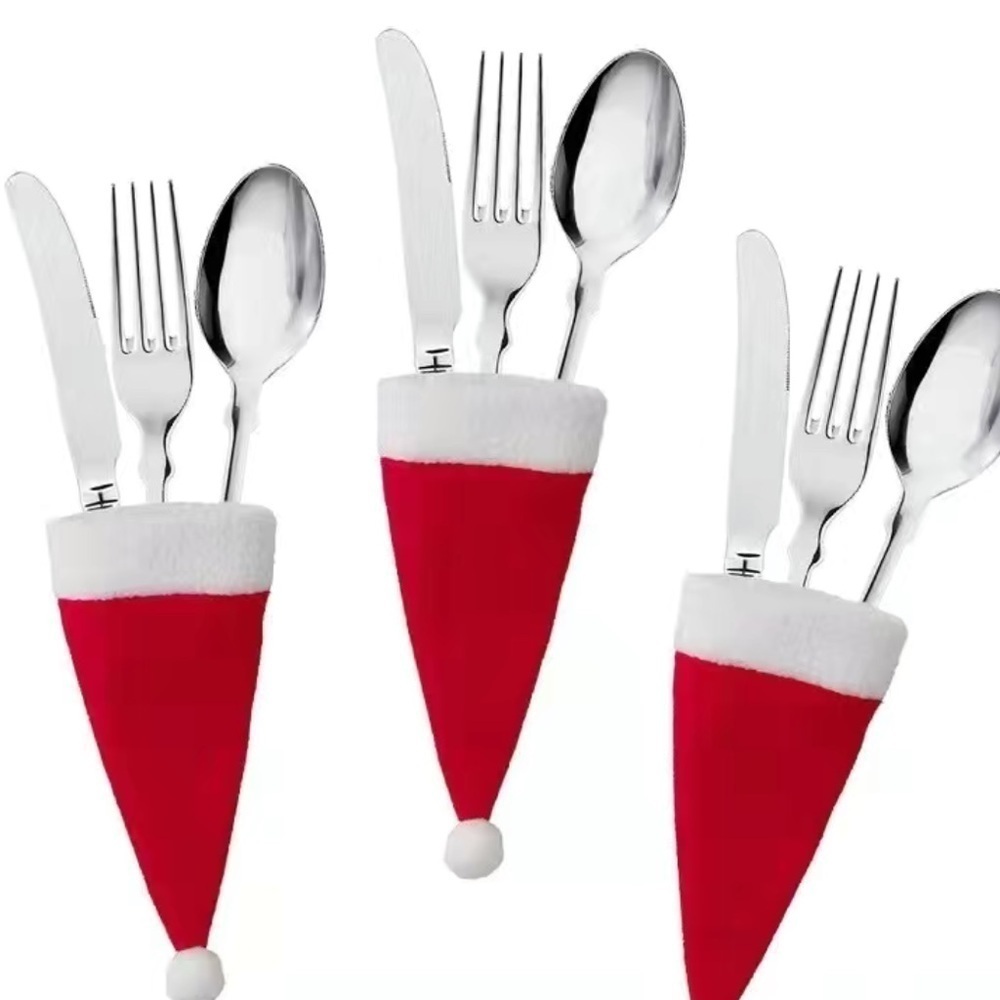 Santa Hat Utensil Holders Red and White Flannelette Set of 10